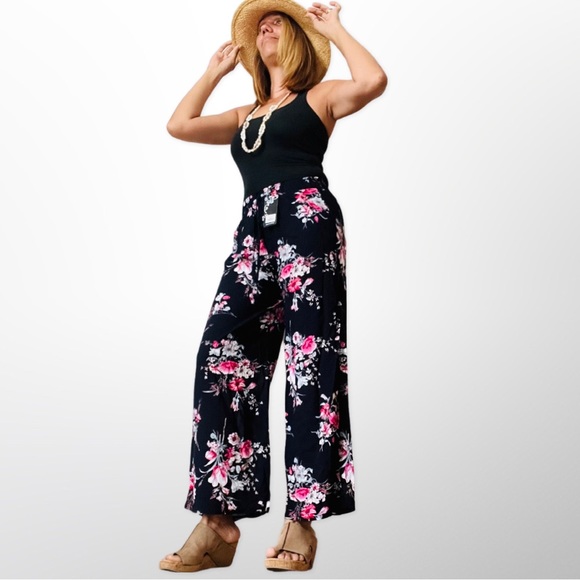 Flower Printed Soft Smocked Waist Cotton Lightweight Boho Traveler Pants One SZ - Picture 3 of 12
